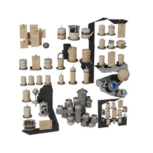 Market Candle Cluster Modular 3D model, isometric modular kit view, showing paper-like cards, small readable forms.