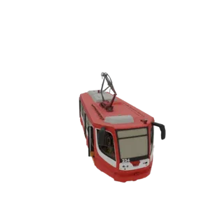 3D model of a red modern articulated tram with a raised pantograph, viewed from a slightly elevated angle.
