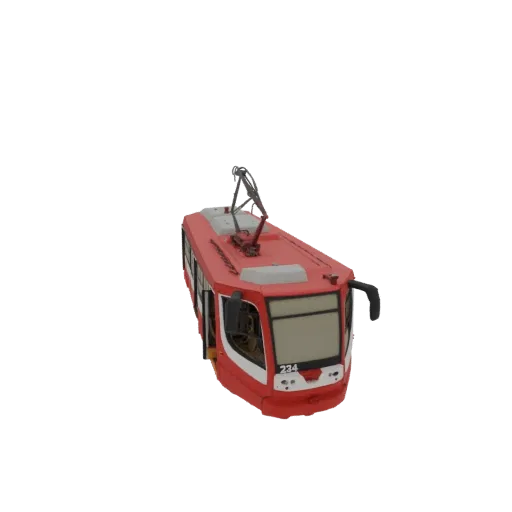 3D model of a red modern articulated tram with a raised pantograph, viewed from a slightly elevated angle.