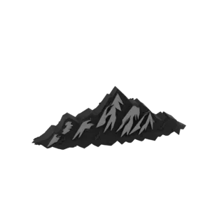 3D model of a stylized, jagged mountain range with sharp peaks and dark grey and light grey textures.