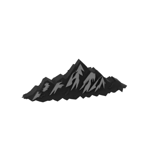 3D model of a stylized, jagged mountain range with sharp peaks and dark grey and light grey textures.