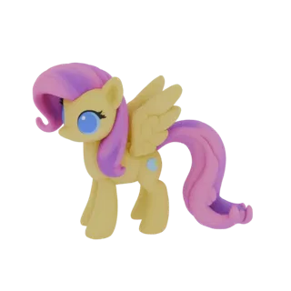 3D model of Fluttershy from My Little Pony, a yellow pegasus with pink and purple mane and tail, and blue eyes.
