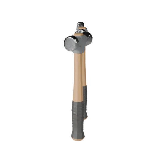 Modello 3D Low Poly Martello Vintage, vista tre quarti viewport gioco, mostra metallo verniciato, silhouette funzionali.