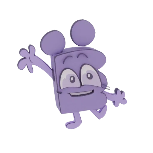 3D model of a cheerful, purple cartoon mouse character with large eyes and ears, waving with one hand.