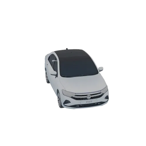 3D model of a white Volkswagen Polo Sedan with a black roof, viewed from a slightly elevated front-right angle.