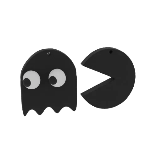 A 3D render of a black Pac-Man ghost with white eyes next to a black Pac-Man mouth shape, isolated on a white background.