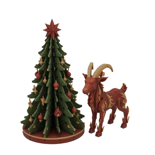 3D model of a stylized green Christmas tree with red ornaments and gold bells, next to a red and gold goat with flame pattern