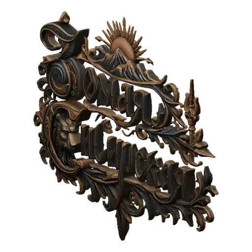 3D model of an ornate Cyrillic script emblem with a lion head on the left and a sun over mountains on top, rendered in a meta