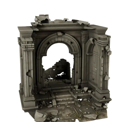 Abandoned Shrine Ruins Unreal Engine 3D model, top-down viewport view, showing aged stone, built remnants.
