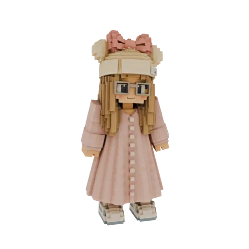 A 3D rendered model of a cute girl with blonde hair, wearing glasses, a pink bow hat, and a pink dress, standing against a wh