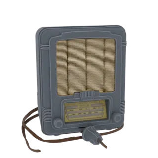 3D model of a vintage 1950s tabletop radio with a grey casing, fabric speaker grille, and yellow tuning dial, with its power