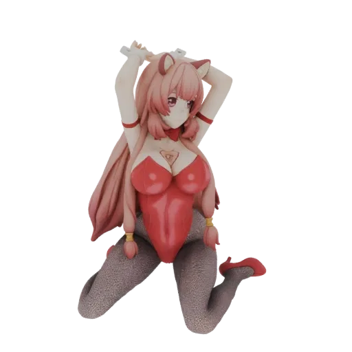 3D model of a pink bunny girl with cat ears, wearing a red bunny suit and grey stockings, in a dynamic pose.