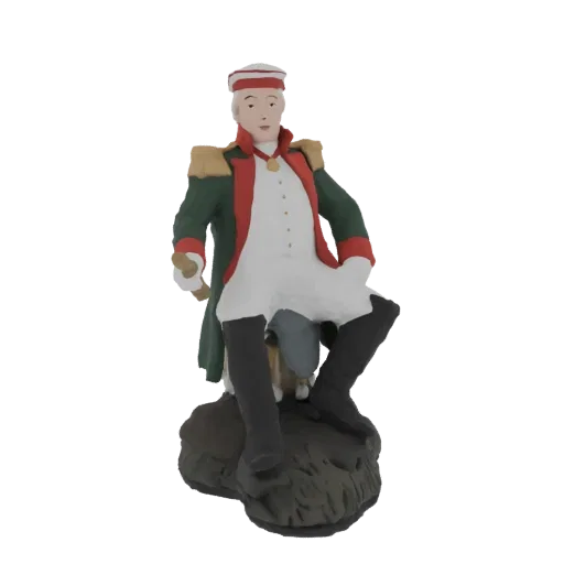 3D model of a Napoleonic era general in a green coat and white waistcoat, seated on a textured rock base, with a black bicorn
