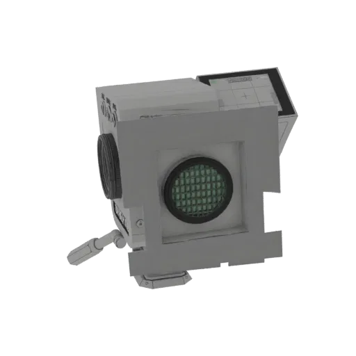 3D model of a retro sci-fi camera with a prominent grid-patterned lens and a small display screen, rendered in gray.
