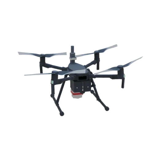 3D model of a dark gray quadrotor drone with a red and white payload module and articulated landing gear.