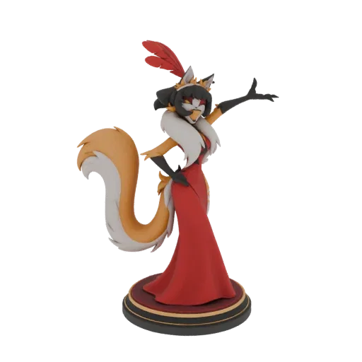 Modello 3D di una dama volpe stilizzata in abito rosso e copricapo piumato, in posa su una base decorativa.