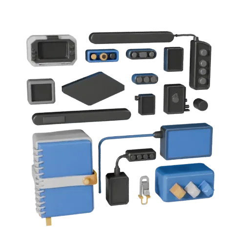 Startup Notebook Stylized 3D model, stylized isometric render, showing plastic, desk-scale silhouettes.