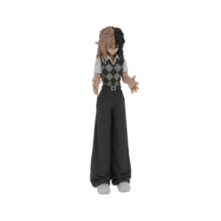 Modello 3D di una ragazza elfa anime con capelli bicolore, che indossa un gilet argyle e pantaloni larghi, con le braccia dis