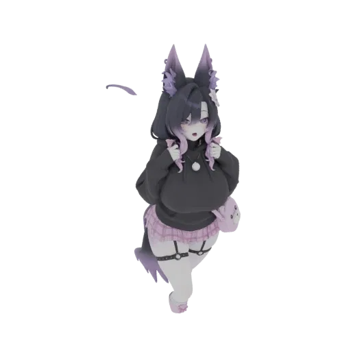 3D model of an anime wolf girl with dark hoodie, pink pleated skirt, fluffy ears, and tail, posed looking forward.