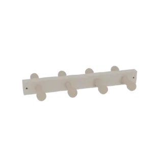 Una representación 3D de un perchero minimalista blanco con cuatro ganchos redondos de madera que sobresalen de una tabla bla