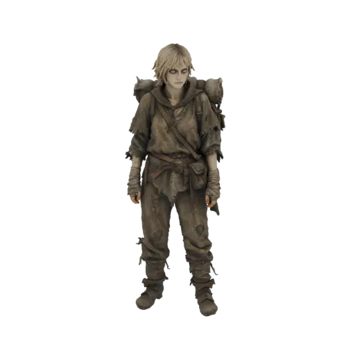 3D-Modell eines postapokalyptischen Überlebenden mit zerrissener Kleidung und Rucksack, stehend und nach vorne blickend.