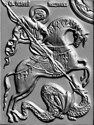 3D model of St. George the Victorious bas-relief on horseback slaying a dragon