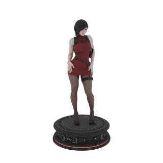 3D-Modell von Ada Wong in einem roten Kleid, stehend auf einem schwarzen runden Sockel, vor weißem Hintergrund.