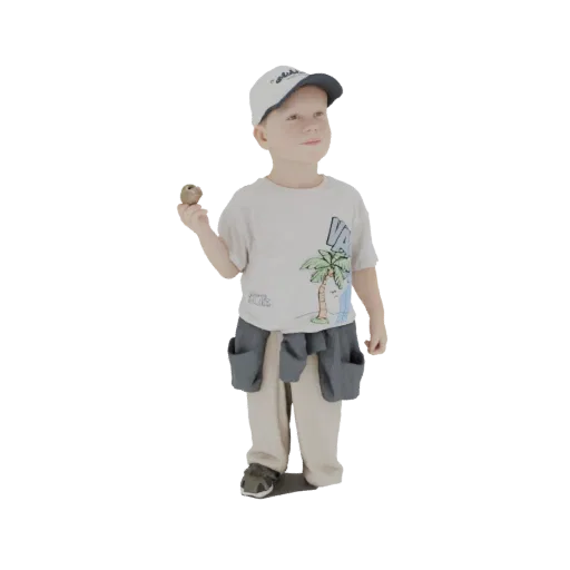 3D model of a young boy wearing a cap and t-shirt, holding a small object in his hand, with a grey jacket tied around his wai