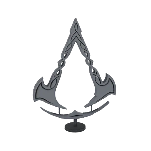 3D model of the Assassin's Creed Hidden Blade emblem, featuring intricate knotwork and a sleek, modern design, displayed on a