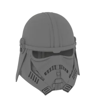 Render del modello 3D di un casco Stormtrooper grigio con visiera nera e piastra frontale dettagliata.
