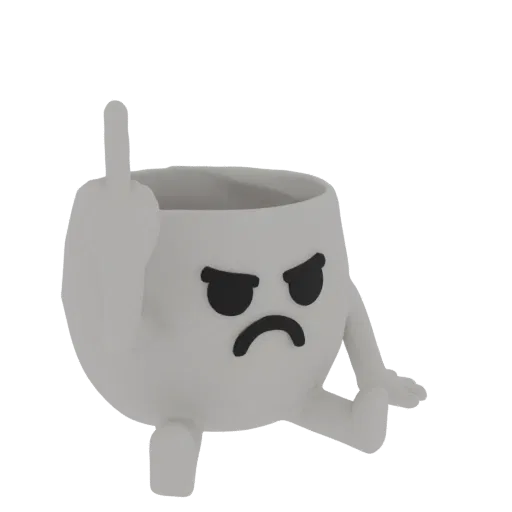 A 3D render of a white mug with an angry face, sitting with arms and legs, giving the middle finger.
