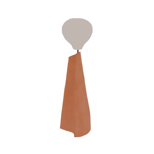 A 3D model render of a Scandi-style floor lamp with a light grey bulb and a conical orange shade.