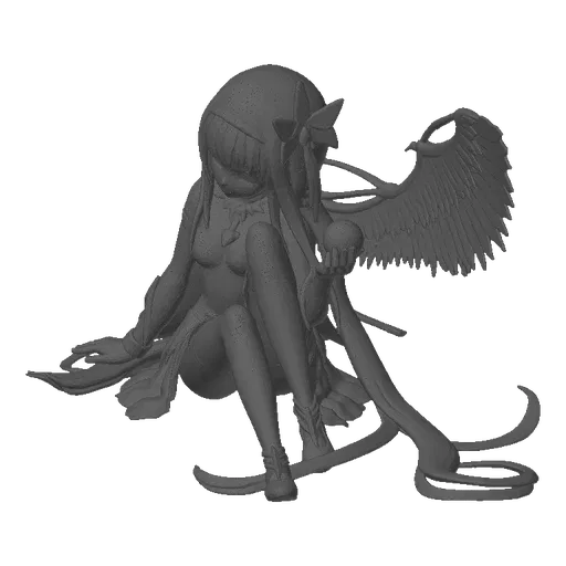 3D model of a white, untextured angel sitting with one large wing spread and holding a small orb.