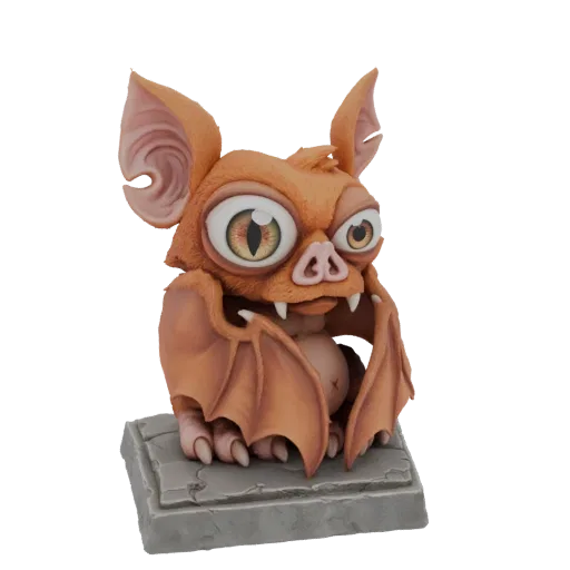 Un rendu 3D d'une créature chauve-souris mignonne, brun-orangé, avec de grands yeux jaunes, assise sur une base en pierre gri