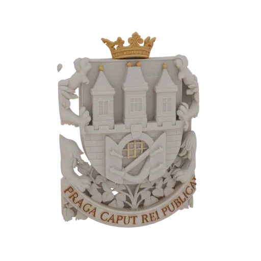 Modelo 3D do Brasão de Praga, uma escultura branca com coroa dourada, três torres e inscrição latina.