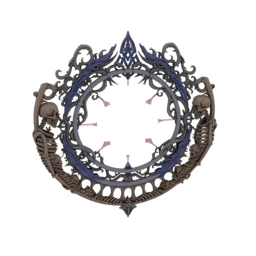 3D model of a gothic clock frame with skeletal figures, ornate scrollwork, and dark fantasy aesthetic.