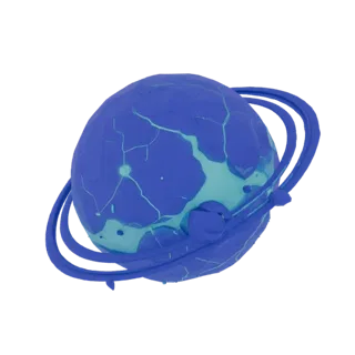 A 3D model of a stylized alien planet with a dark purple and blue surface, glowing cyan cracks, and floating rock rings aroun