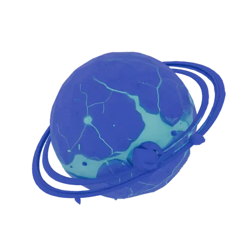 A 3D model of a stylized alien planet with a dark purple and blue surface, glowing cyan cracks, and floating rock rings aroun