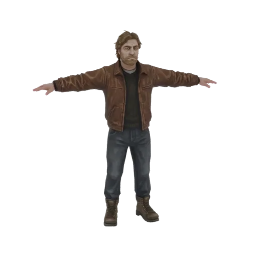 3D model of a man with brown hair and beard, wearing a brown leather jacket, jeans, and boots, in a T-pose against a white ba