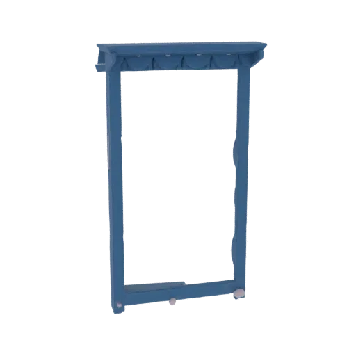 A 3D render of an ornate, blue wall-mounted shelf unit with decorative scalloped edges and small feet at the base.