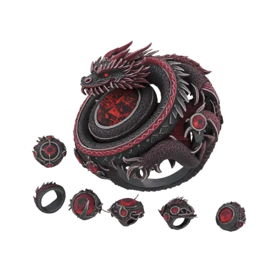 3D model of a black and red dragon coiled around a ring holder, with red gemstone accents and glowing red eyes.