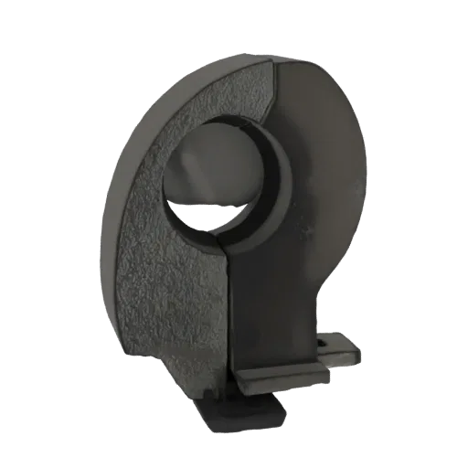 3D model of a dark gray industrial current transformer clamp with a split-core design and mounting brackets.