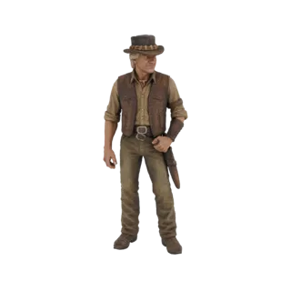 Modello 3D di un avventuriero maschio con cappello, gilet e pantaloni, con un coltello al fianco.