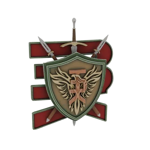 3D model of a phoenix emblem with crossed swords and a shield featuring an eagle design, set against red banners.