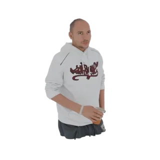 Modelo 3D de un hombre con cabeza rapada vistiendo una sudadera blanca y sosteniendo un vaso transparente con una bebida nara