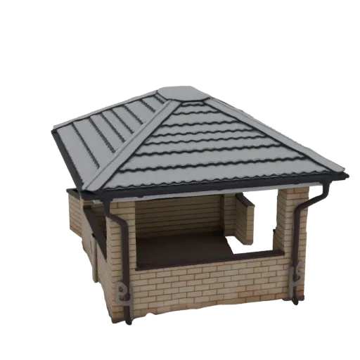 3D model of a modern gazebo with light brick walls and a dark tiled roof, set against a black background.
