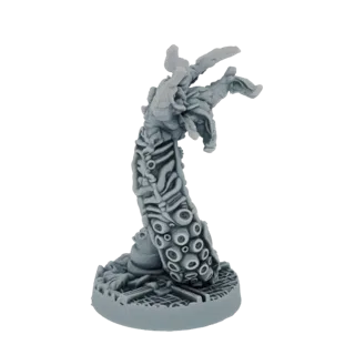 3D-Render eines grotesken Tentakelmonster-Miniatur mit vielen Augen, stehend auf einer texturierten Base.