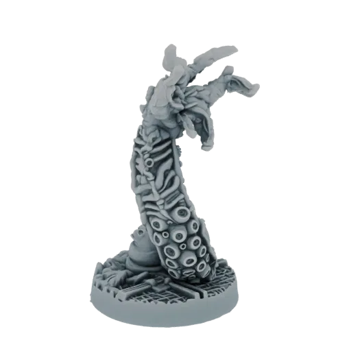 3D render of a grotesque tentacle monster miniature with many eyes, standing on a textured base.