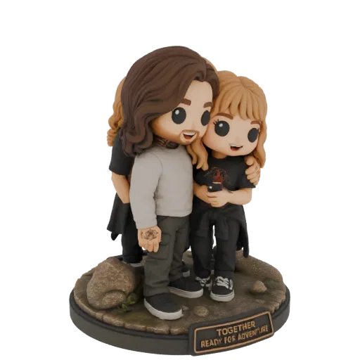 Modelo 3D de um casal chibi fofo abraçando em uma base rochosa texturizada com uma placa 'JUNTOS PRONTOS PARA A AVENTURA'.