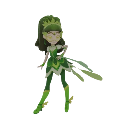 A 3D model of a nature fairy with long dark hair, wearing a green dress with leaf motifs and a crown, striking a pose.